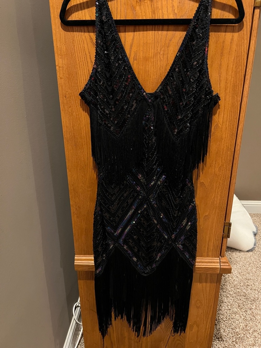 Black Beaded Fringe Mini Dress with V-Neck